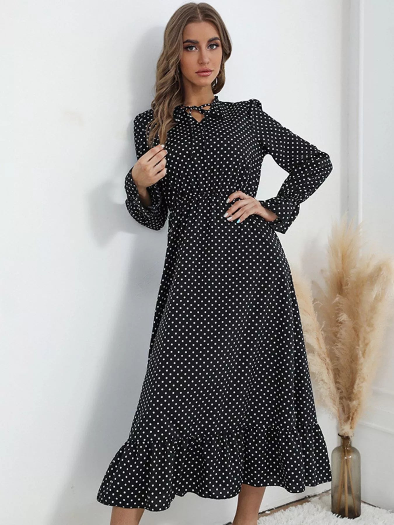Polka Dot Ruffle Hem Midi Dress OutfitFlow