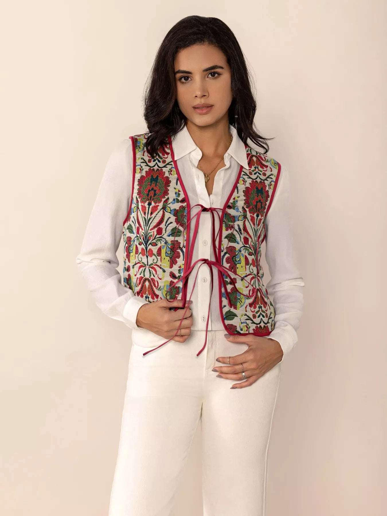 Floral Embroidered Tie-Front Vest Coat OutfitFlow