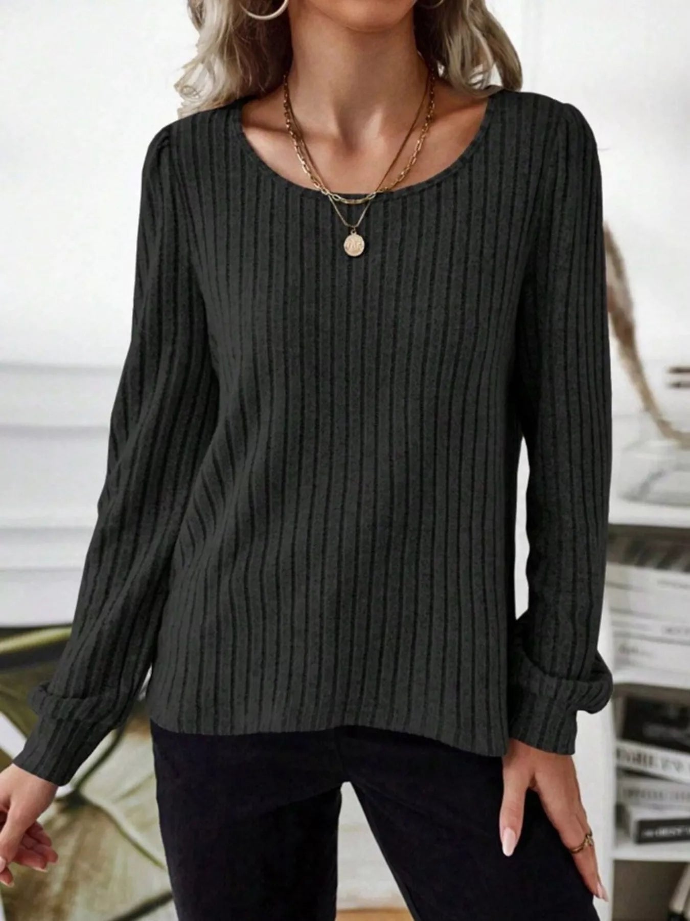 Ribbed Knit Long Sleeve T-Shirt OutfitFlow