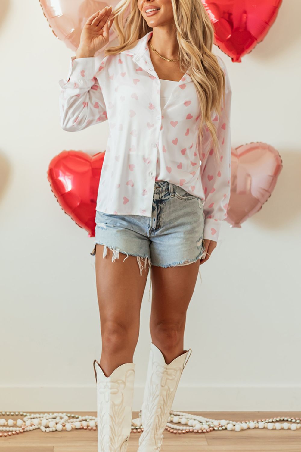 Outfit Flow - Heart Print Collared Neck Long Sleeve Shirt