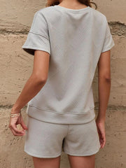 Textured Round Neck Top and Shorts Two-Piece Set OutfitFlow