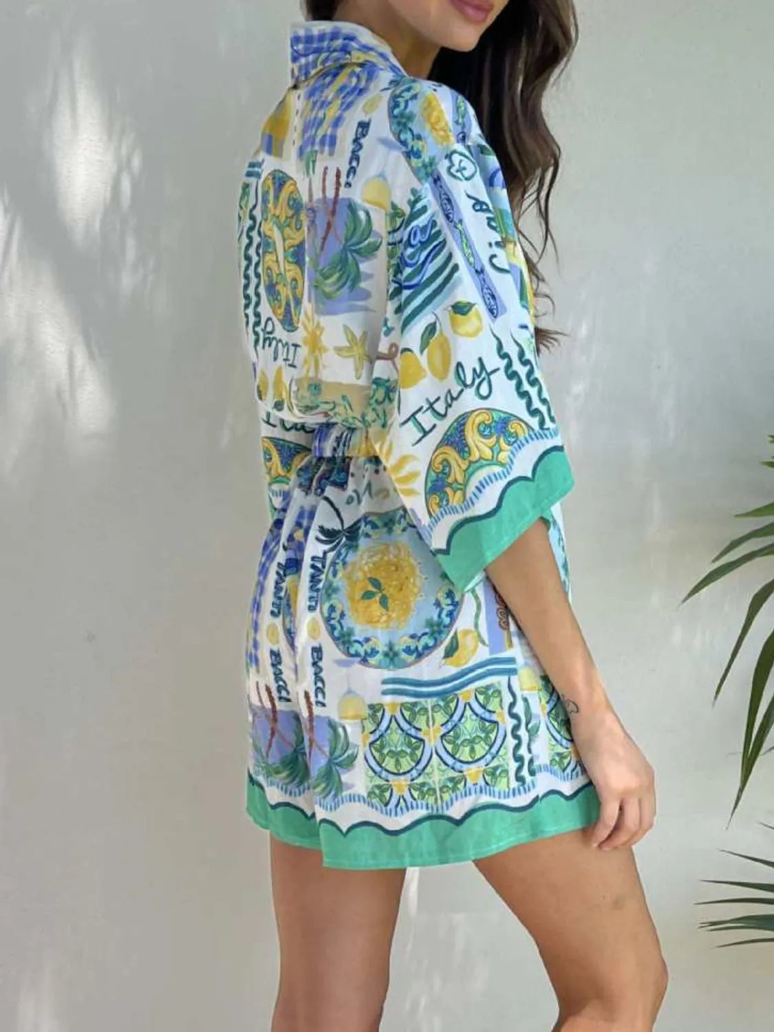Printed Collared Neck Half Sleeve Romper OutfitFlow