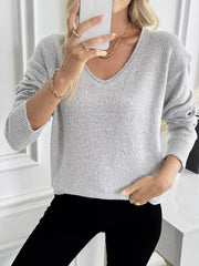 V-Neck Long Sleeve Knit Top Trendsi