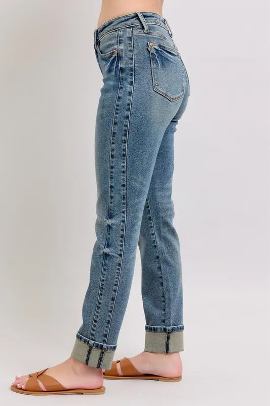 Judy Blue Full Size Mid Rise Vintage Wash Double Roll Cuff Boyfriend Jeans Plus Size OutfitFlow