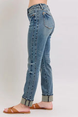 Judy Blue Full Size Mid Rise Vintage Wash Double Roll Cuff Boyfriend Jeans Plus Size OutfitFlow