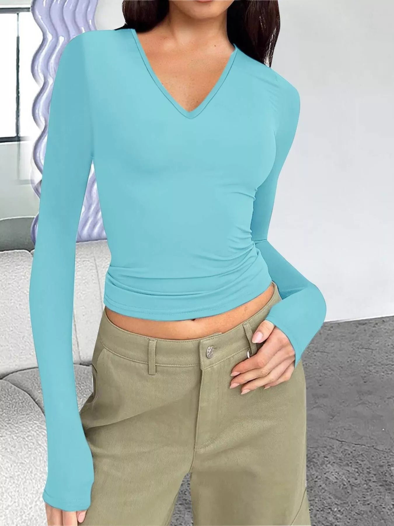 Full Size Slim Fit V-Neck Long Sleeve T-Shirt Plus Size Light Blue Trendsi