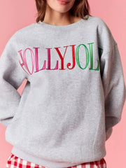 Holly Jolly Crew Neck Christmas Sweatshirt Gray OutfitFlow