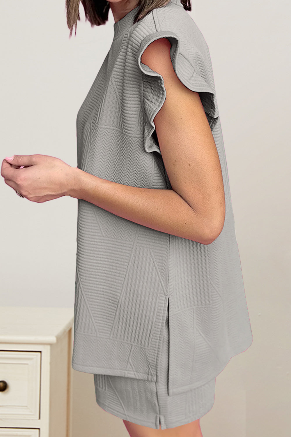 Slit Round Neck Top and Drawstring Shorts Set OutfitFlow