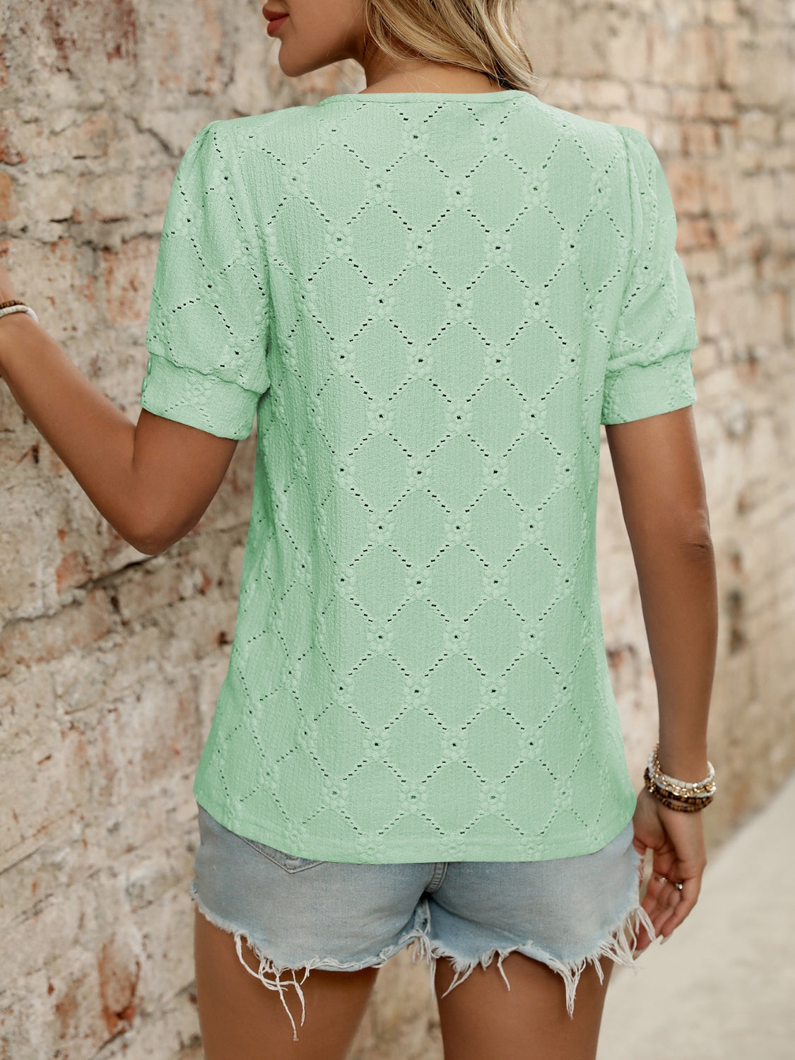 Eyelet Round Neck Short Sleeve Top OutfitFlow