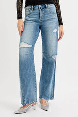RISEN Full Size Mid Rise Fit Wide Baggy Leg Tie Washed Jeans Plus Size MEDIUM OutfitFlow
