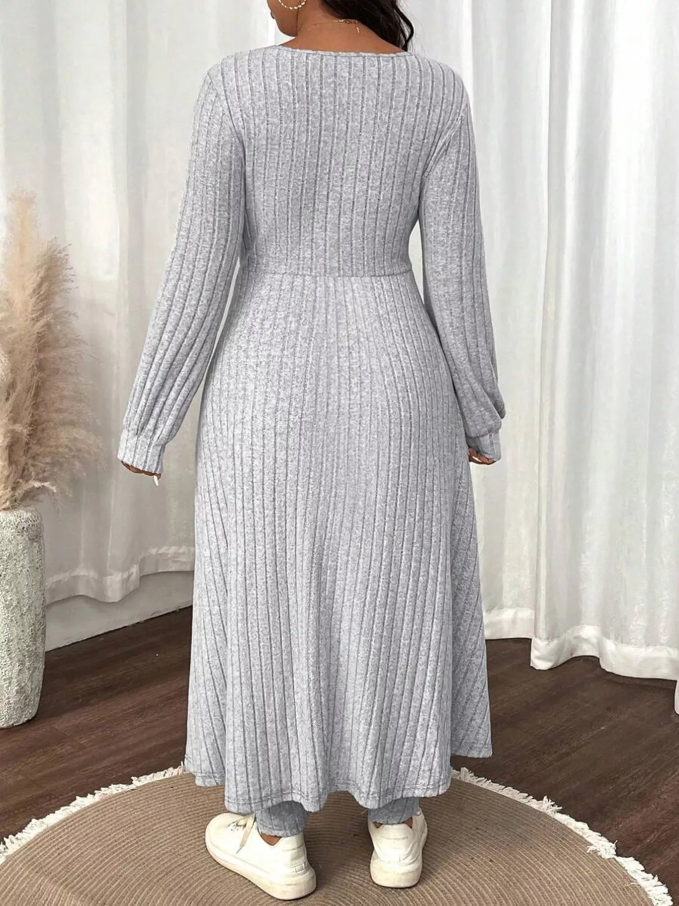 Plus Size Ribbed Knit Long Sleeve Split Dress & Leggings Set OutfitFlow