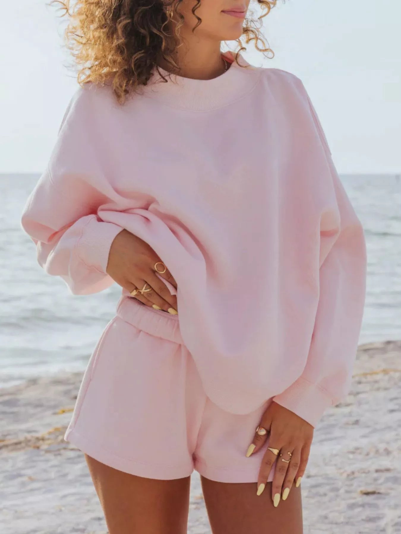 Relaxed Fit Round Neck Sweatshirt and Shorts Set Blush Pink OutfitFlow