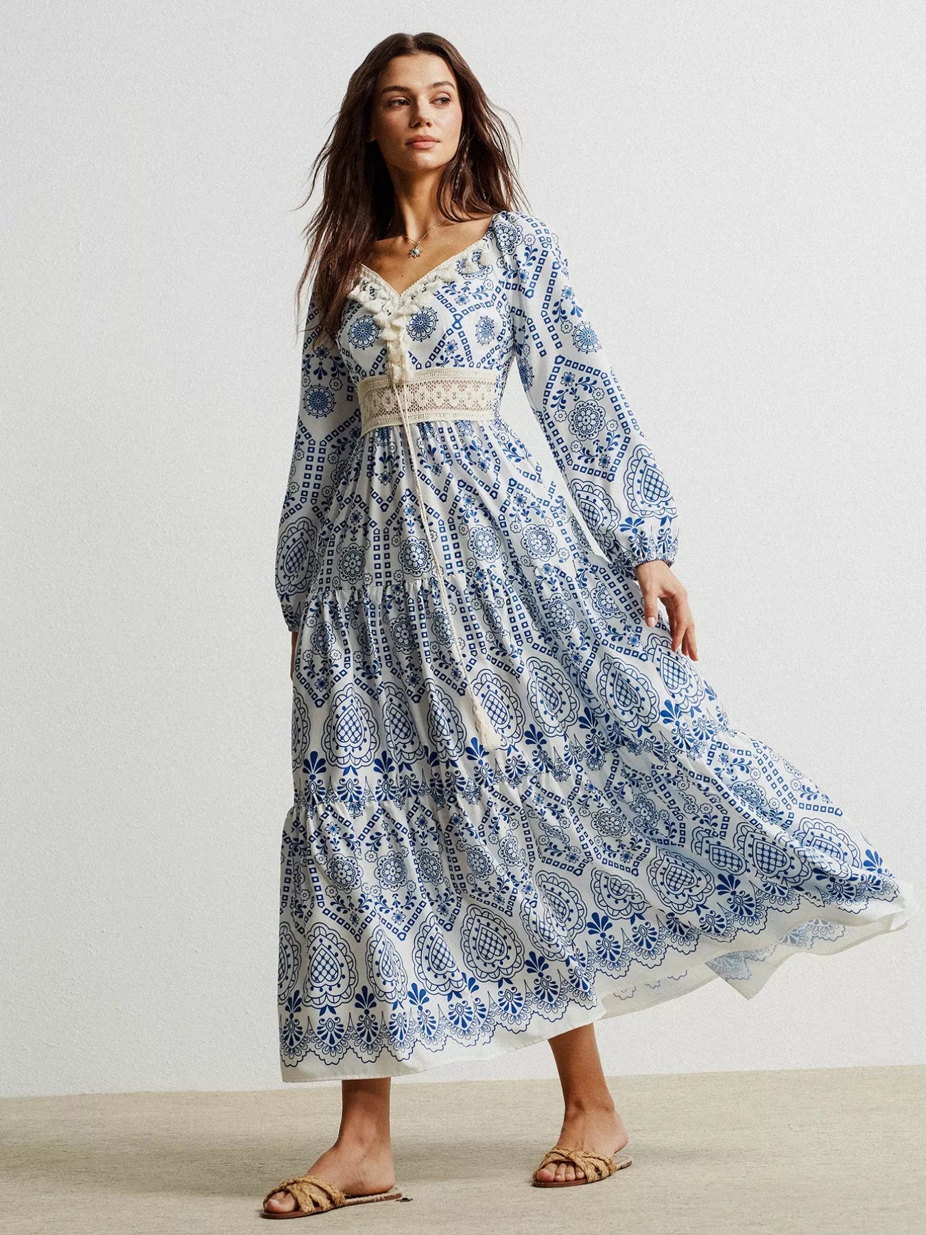 Bohemian Print Midi Dress with Tassel Detail OutfitFlow