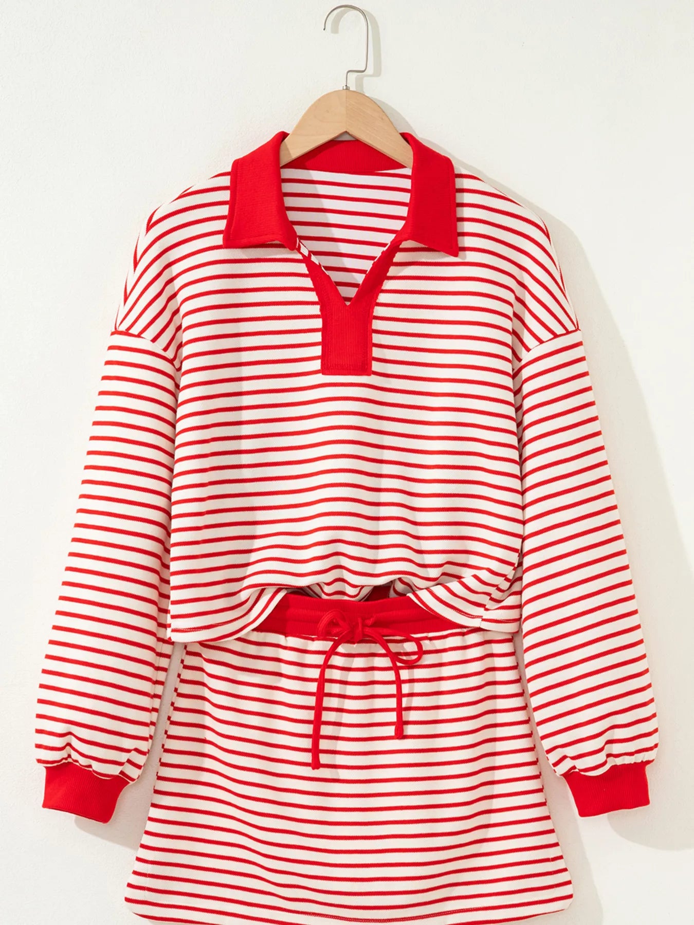 Stripe Collared V Neck Drop Shoulder Pullover and Skort 2pcs Outfit Trendsi