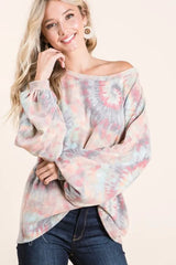 BiBi Brushed Tie Dye Print Top with Puff Sleeves OutfitFlow