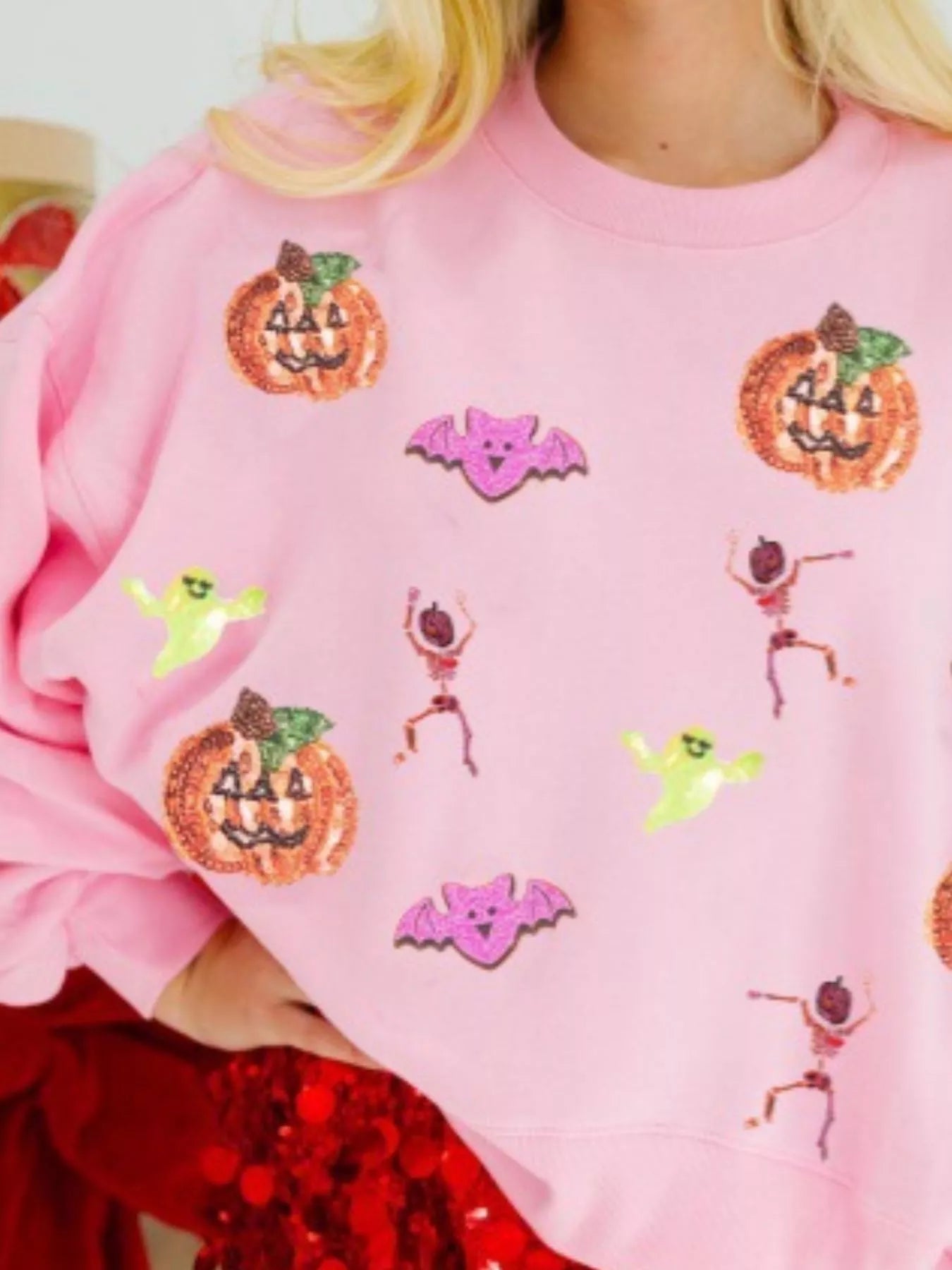 Halloween Sequin Round Neck Long Sleeve Sweatshirt OutfitFlow