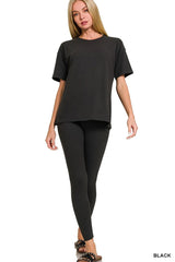 Zenana Full Size Brushed Dty Microfiber Short Sleeve Top and Pants Loungewear Set Plus Size BLACK OutfitFlow