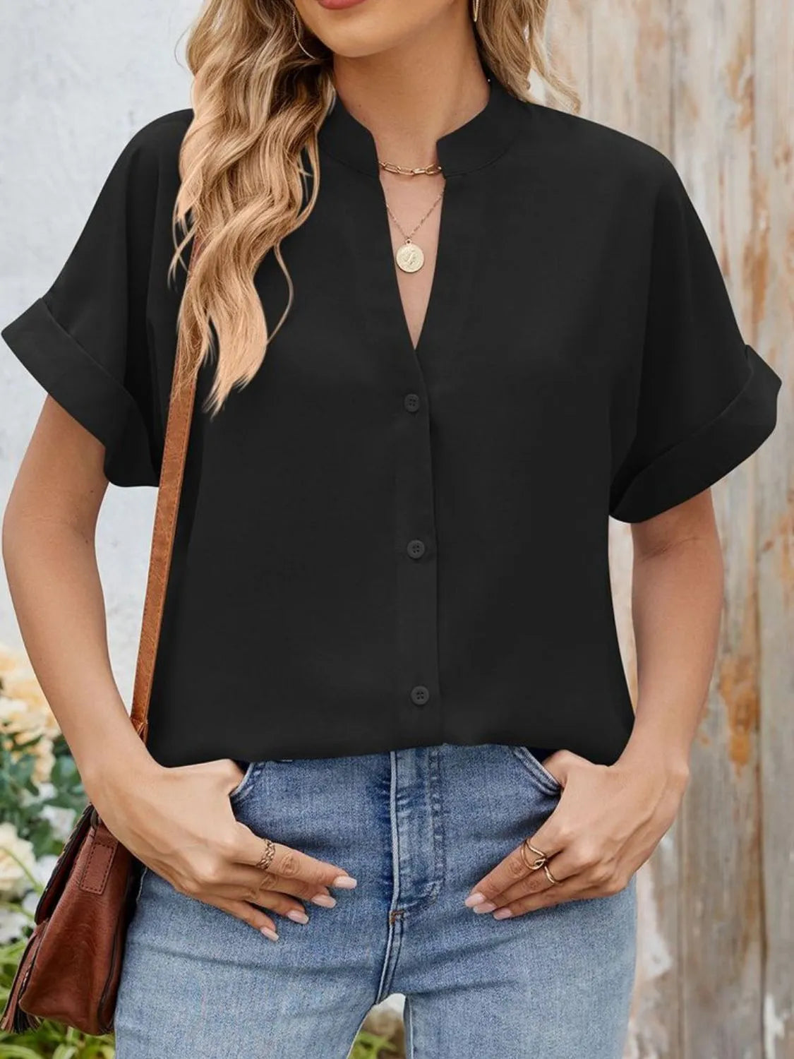 Notched Short Sleeve Blouse OutfitFlow