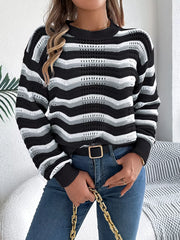 Striped Round Neck Long Sleeve Sweater OutfitFlow