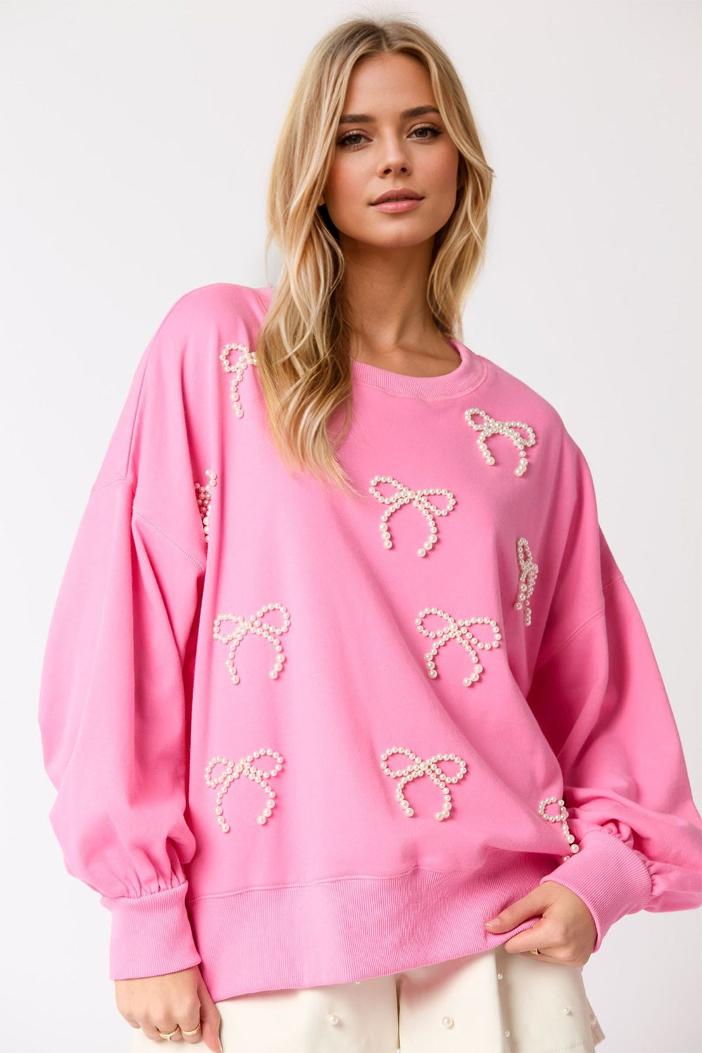 Outfit Flow - Pearl Bow Round Neck Dropped Shoulder Sweatshirt