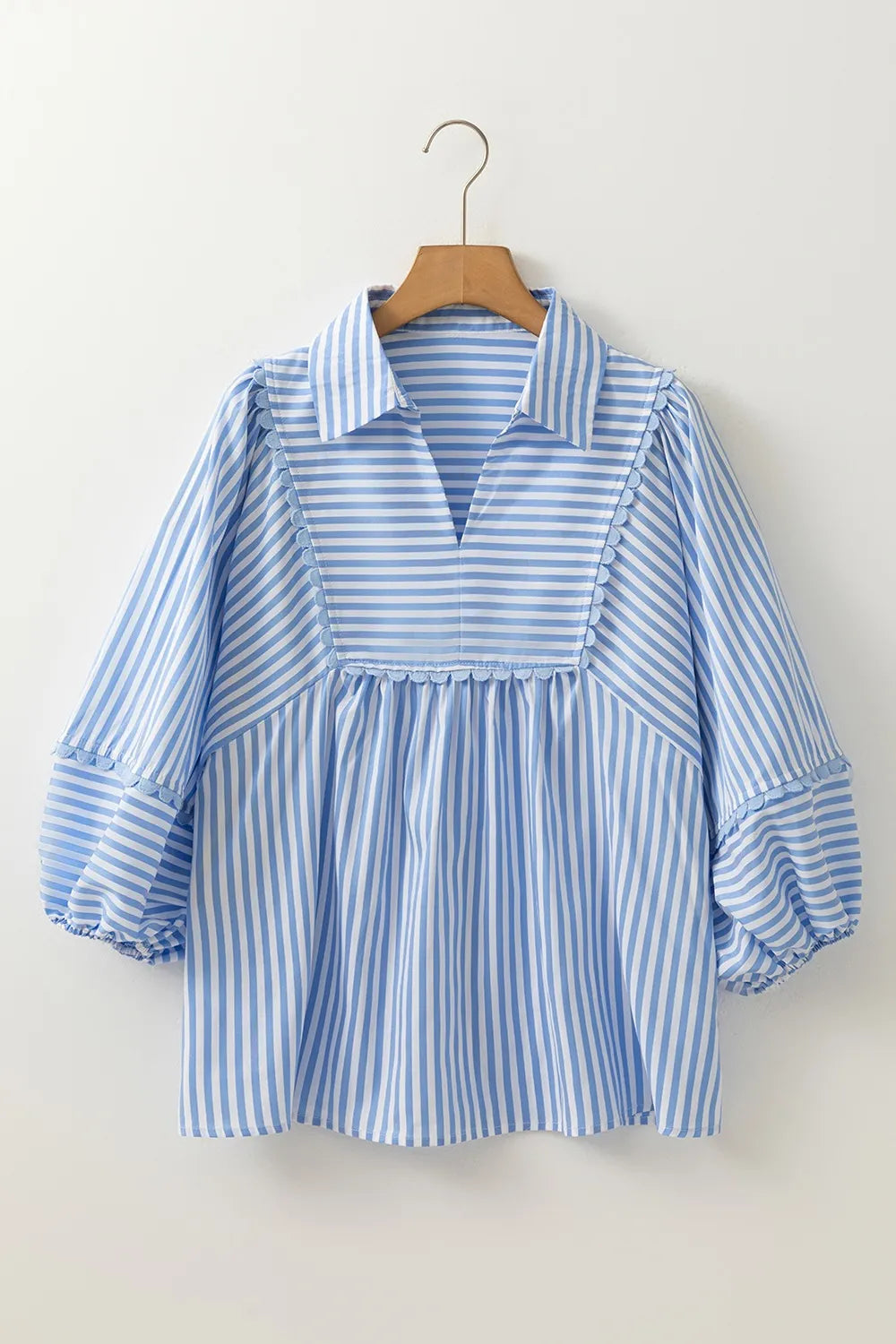 Striped Notched 3/4 Sleeve Blouse OutfitFlow