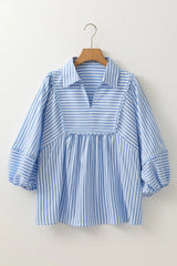 Striped Notched 3/4 Sleeve Blouse OutfitFlow