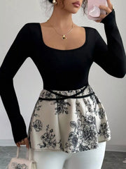 Floral Print Peplum Hem Long Sleeve Top OutfitFlow