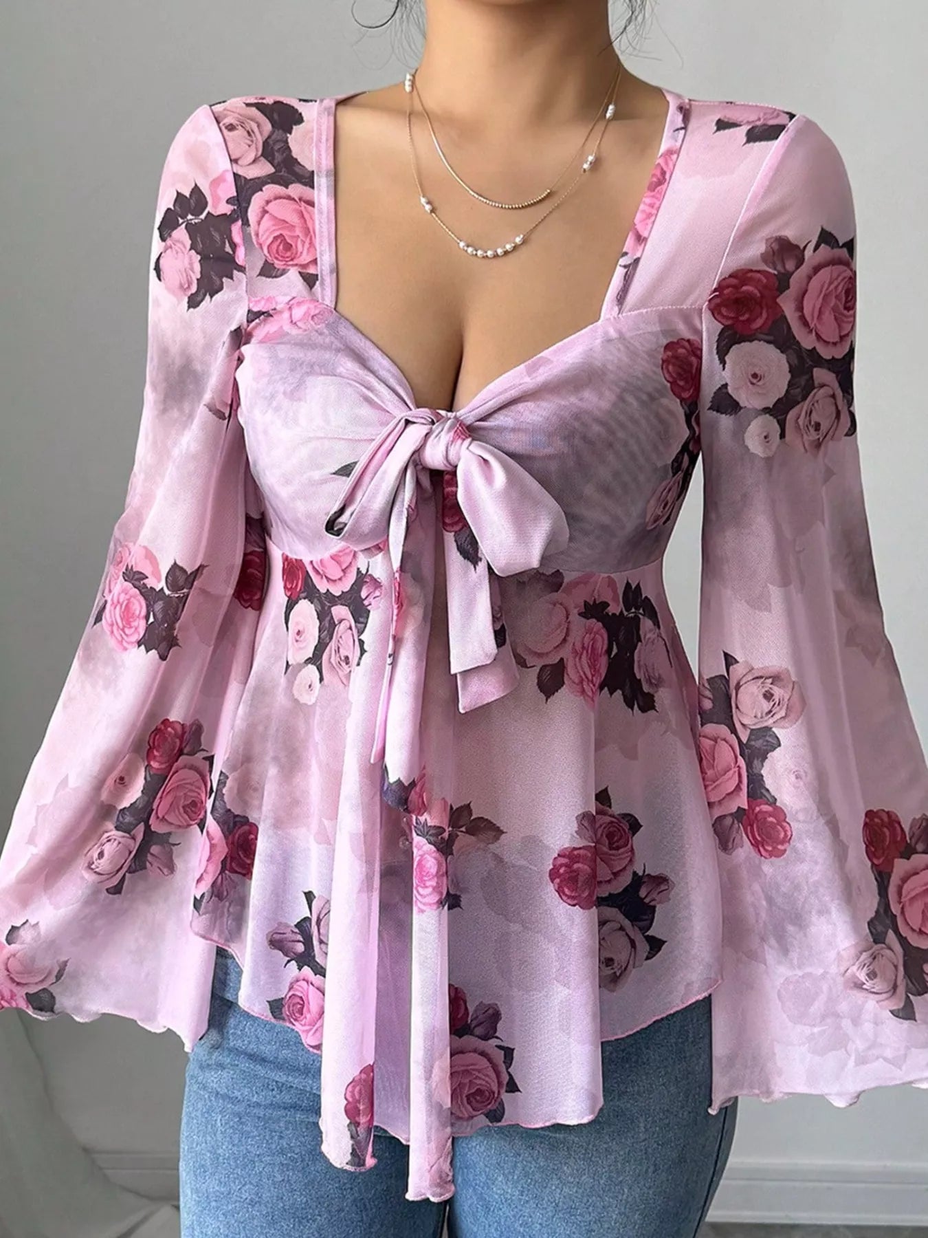 Floral Print Tie Front Flare Sleeve Blouse OutfitFlow