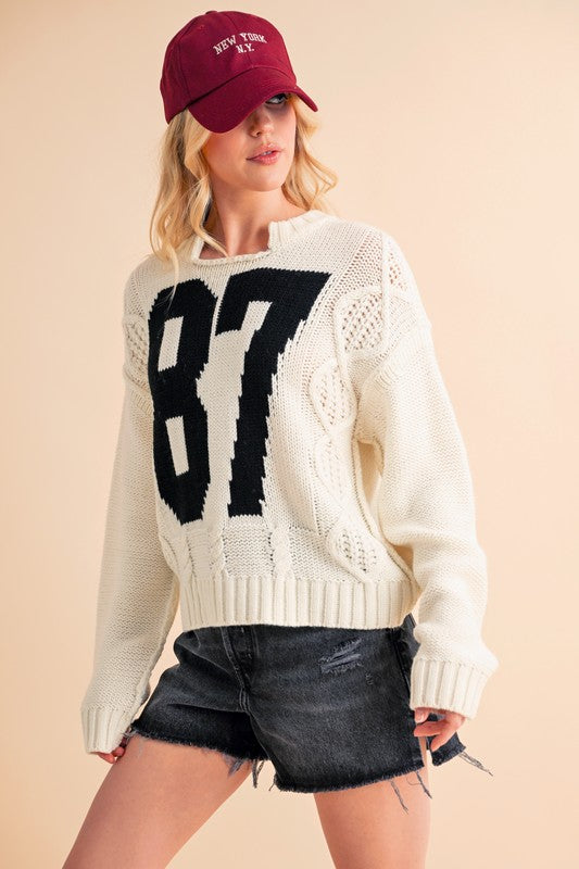 Outfit Flow - Aemi+Co Contrast Number Cable Knit Drop Shoulder Sweater