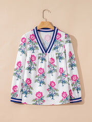 Floral Print Striped V Neck Blouse OutfitFlow