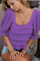 BiBi Square Neckline with Puff Sleeve Crochet Top LAVENDER OutfitFlow