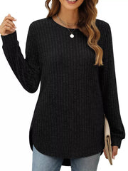 Ribbed Texture Round Neck Long Sleeve Rounded Hem Knit Top OutfitFlow