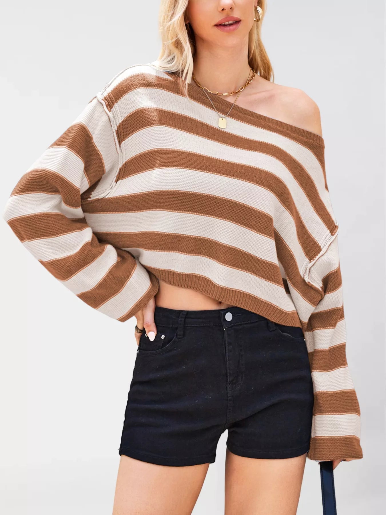 Striped Dropped Shoulder Sweater OutfitFlow