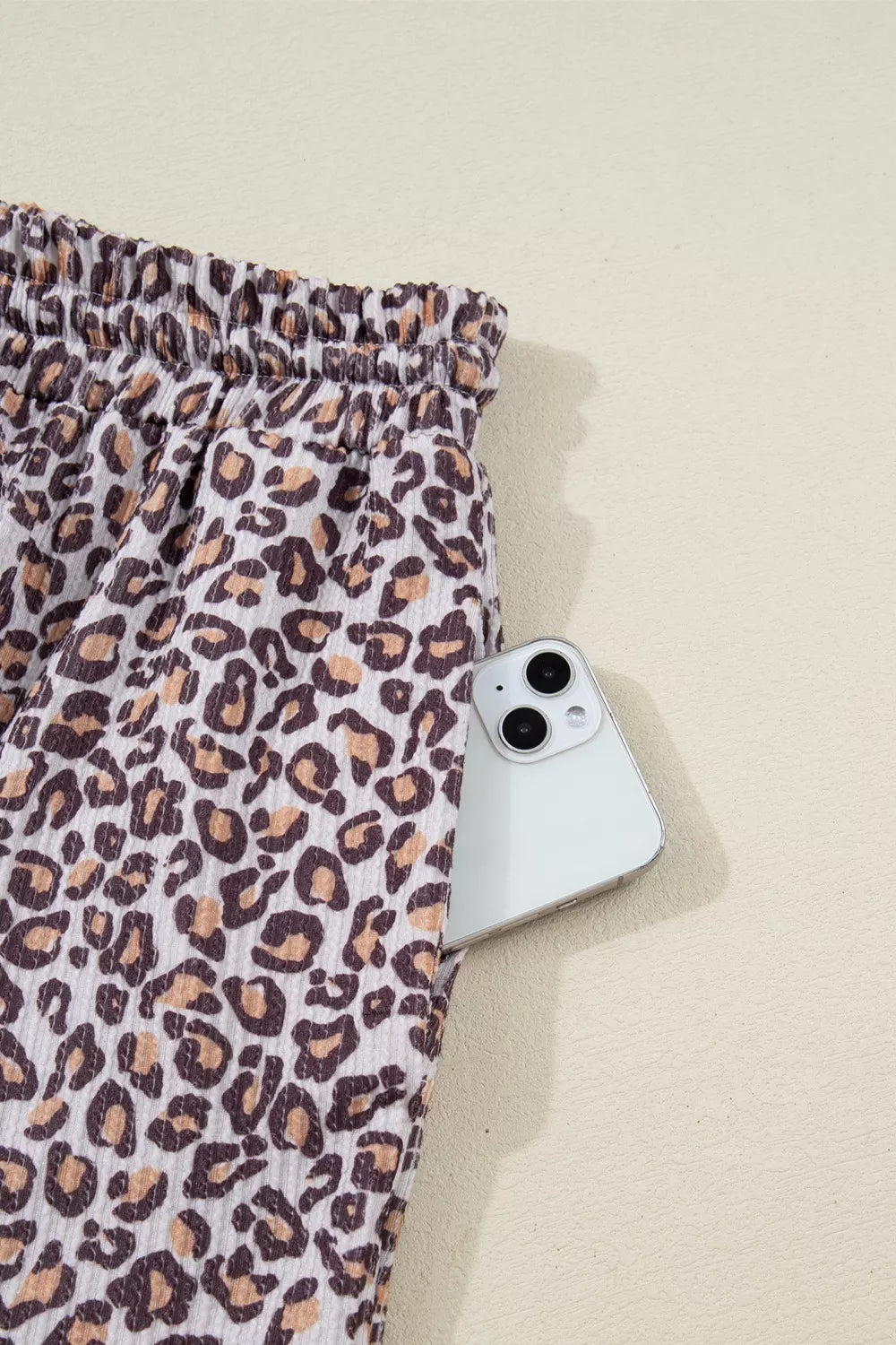 Leopard Ribbed Long Sleeve Top Drawstring Shorts 2pcs Outfit OutfitFlow