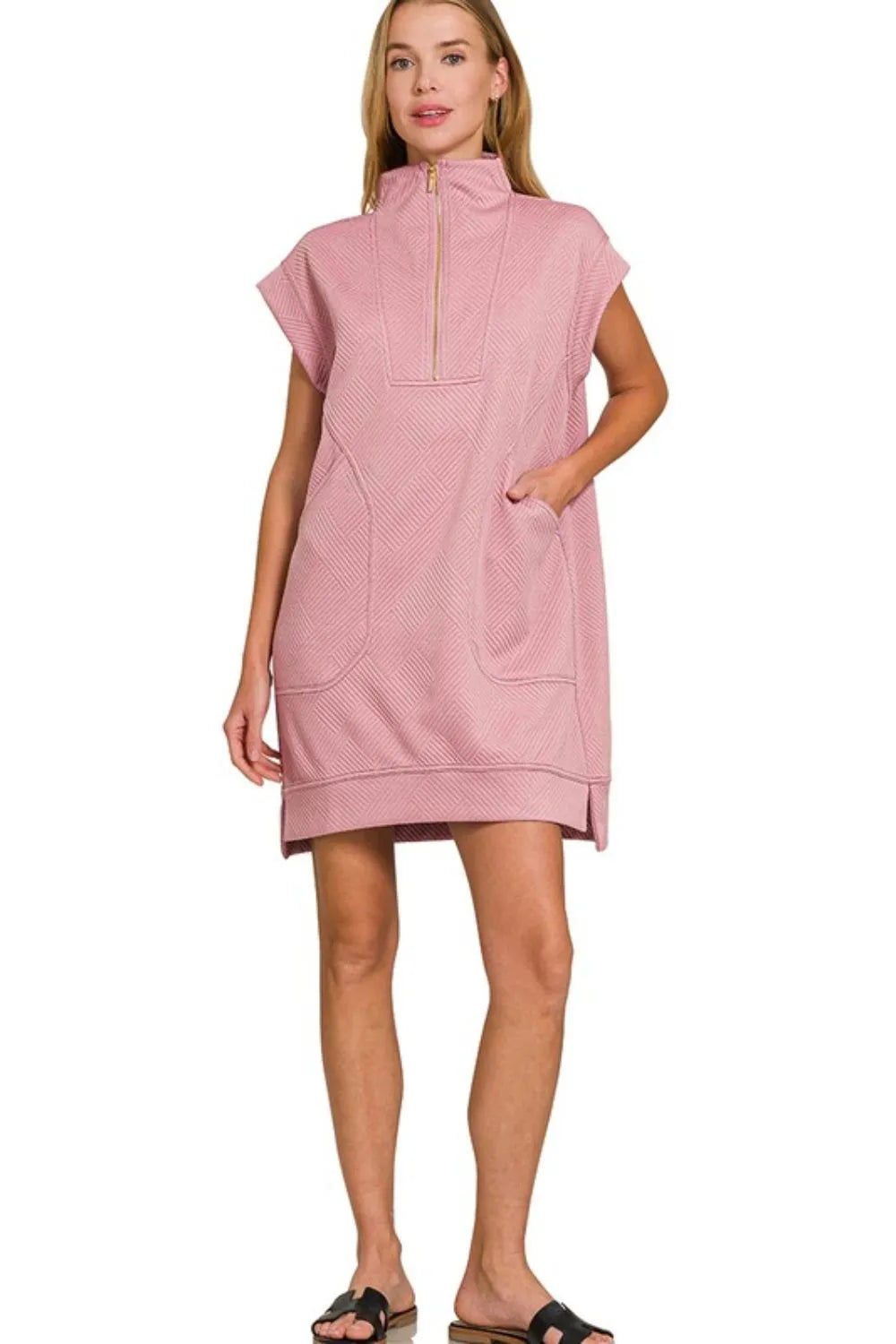 Zenana Textured Knit Jacquard Quarter Zipper Mini Dress OutfitFlow