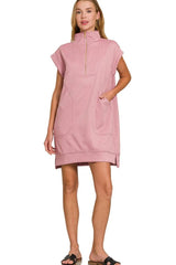 Zenana Textured Knit Jacquard Quarter Zipper Mini Dress OutfitFlow