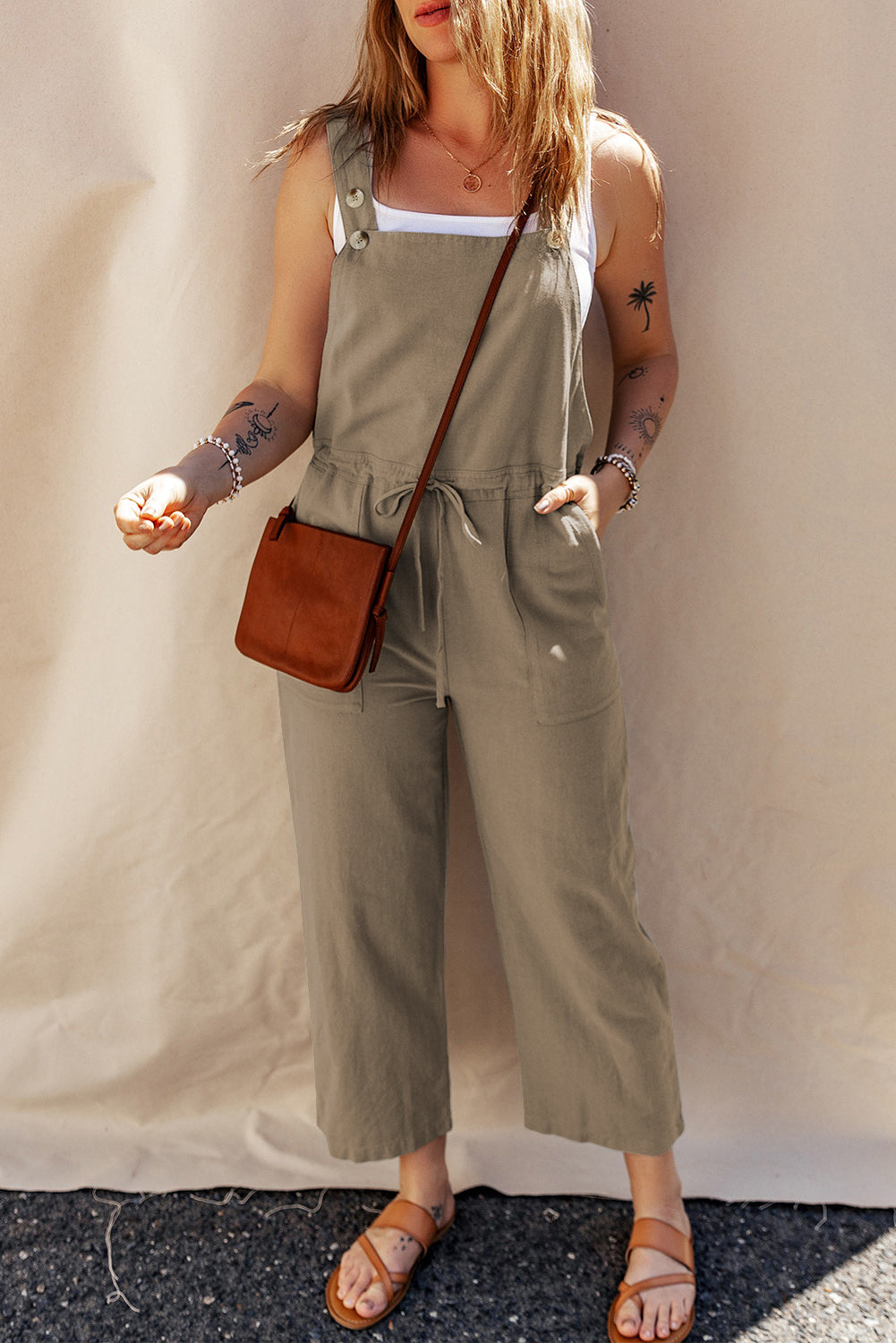 Drawstring Wide Strap Overalls with Pockets OutfitFlow