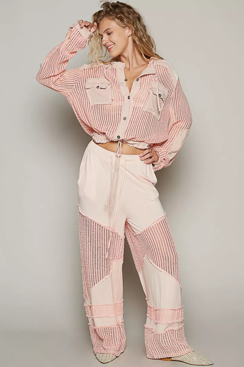 POL Texture Woven Button Down Hooded Shirt with Drawstring Hem OutfitFlow