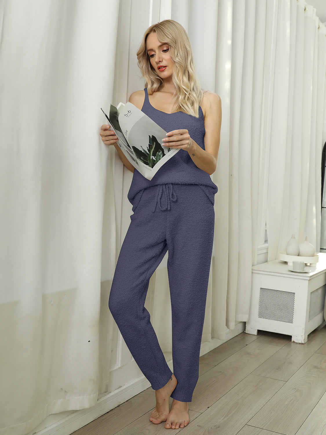 Outfit Flow - Fuzzy V-Neck Cami and Pants Lounge Set