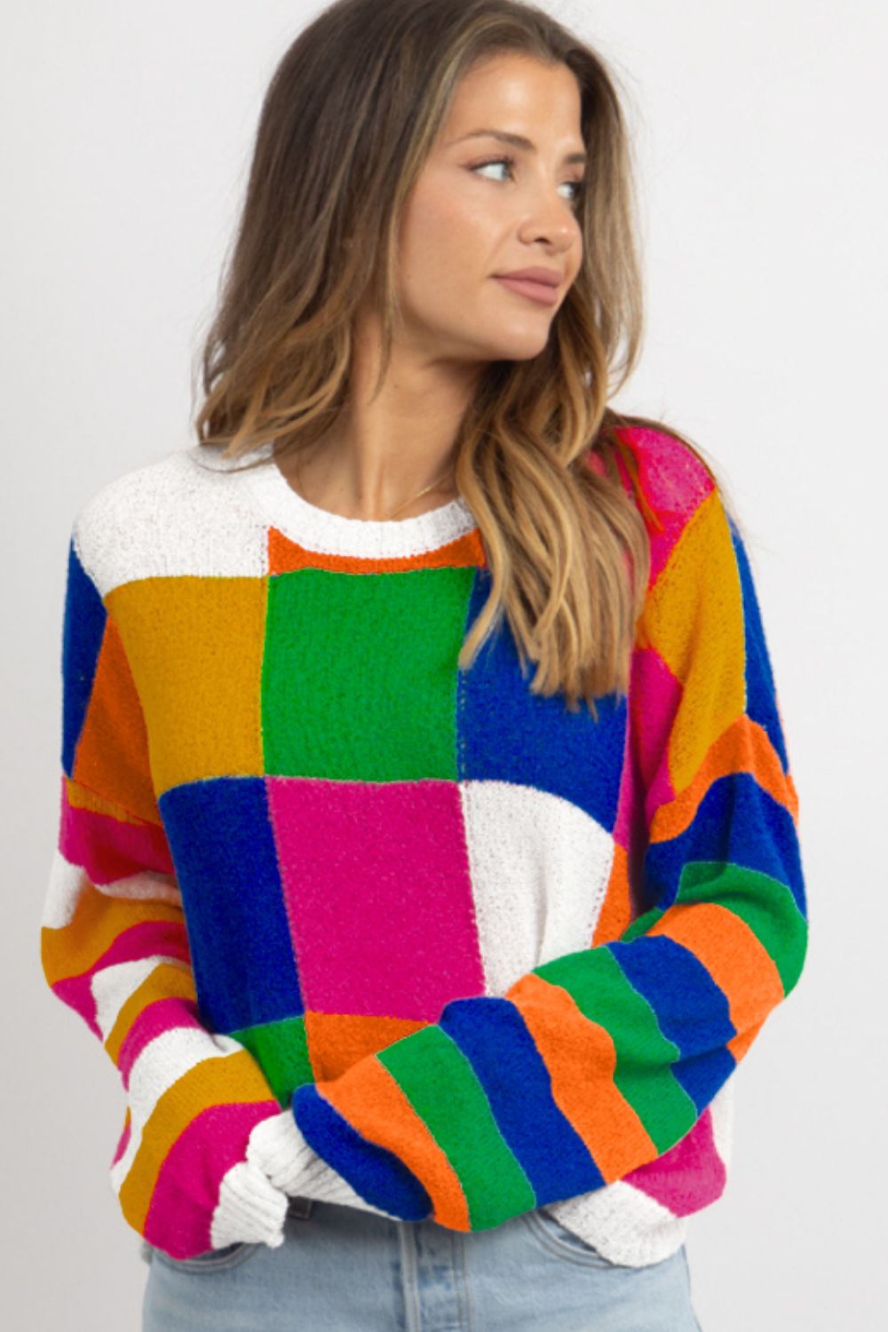 Outfit Flow - Color Block Round Neck Long Sleeve Sweater