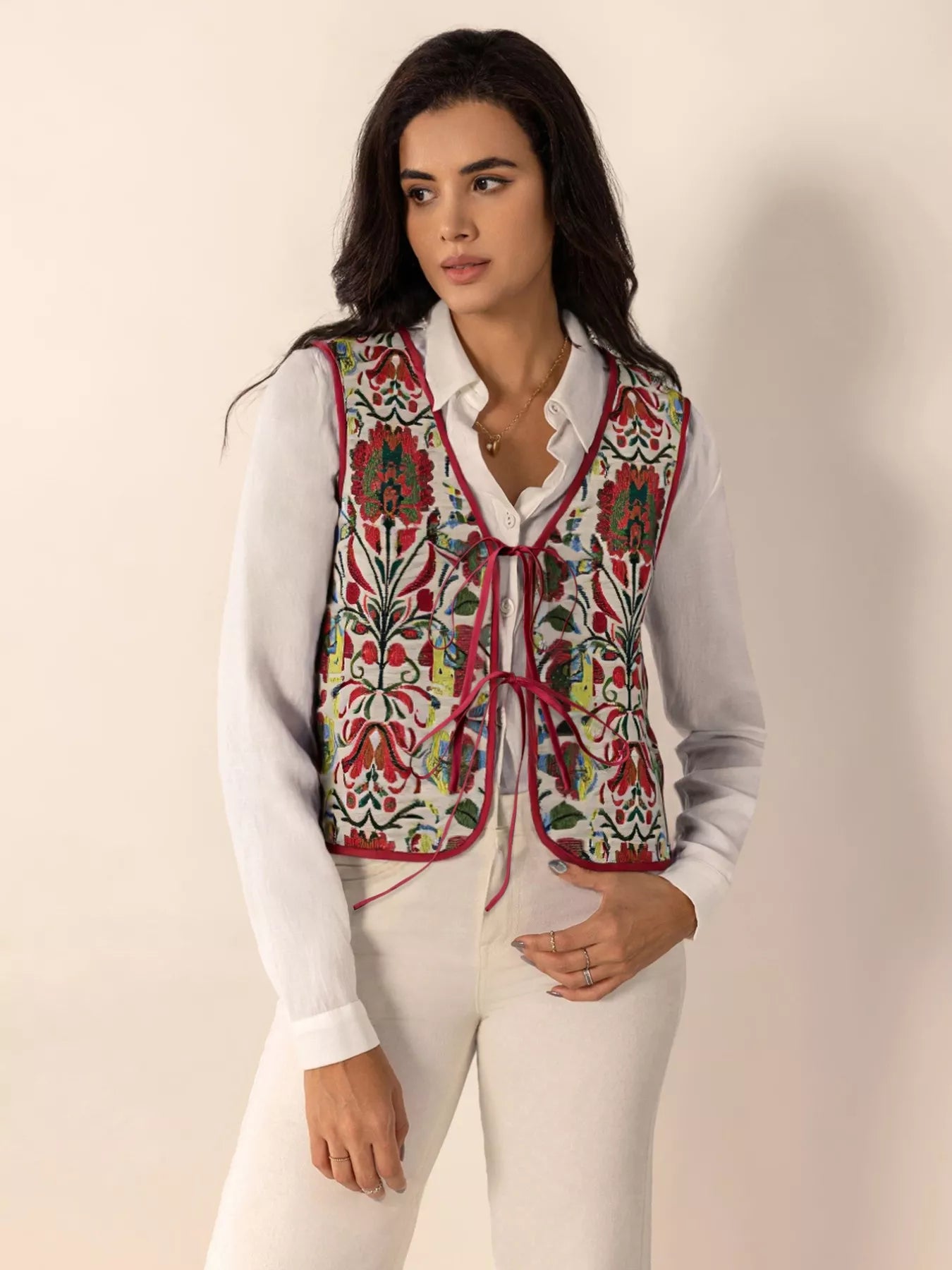 Floral Embroidered Tie-Front Vest Coat OutfitFlow