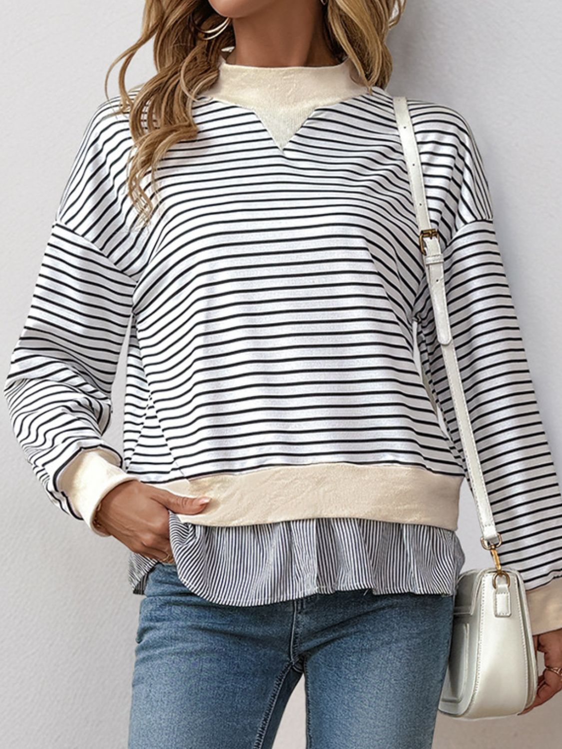 Outfit Flow - Perfee Faux Layered Striped Long Sleeve Sweatshirt