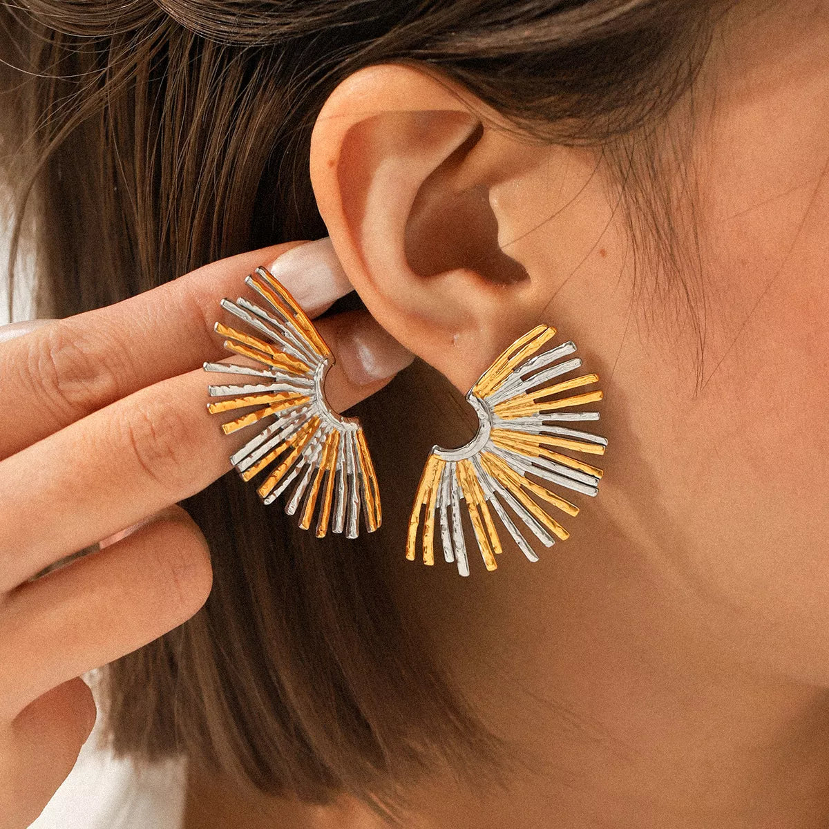 Stainless Steel Fan-Shaped Earrings Silver onesize OutfitFlow