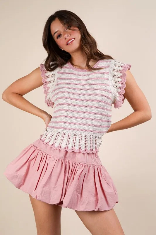 VERY J Ruffle Detail Striped Knit Sweater Top OutfitFlow