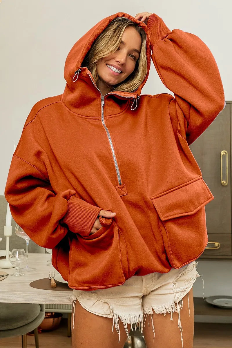 BiBi Half Zip Vintage Washed Fleece Hoodie VINTAGE RUST OutfitFlow