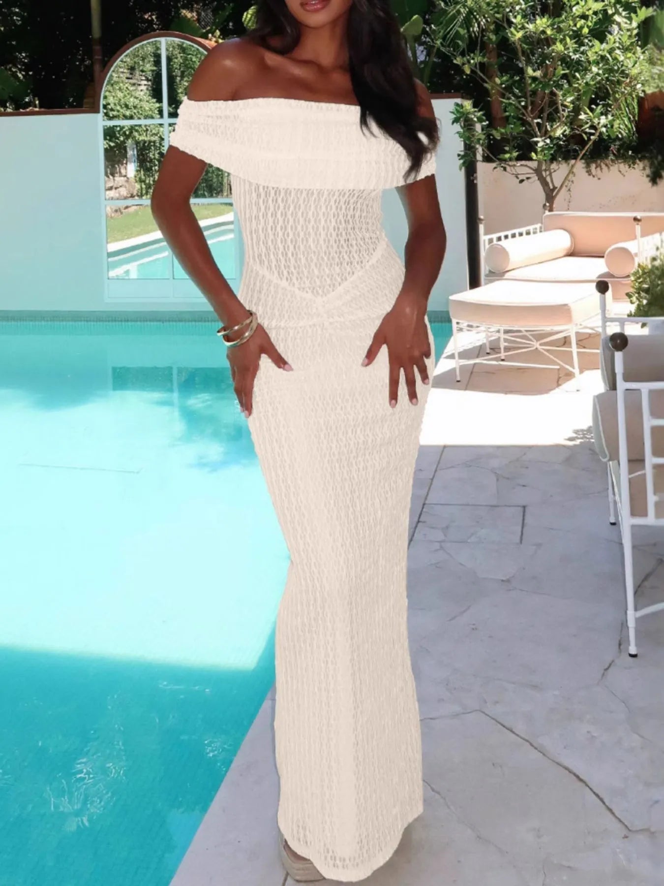 Off Shoulder Texture Maxi Dress OutfitFlow