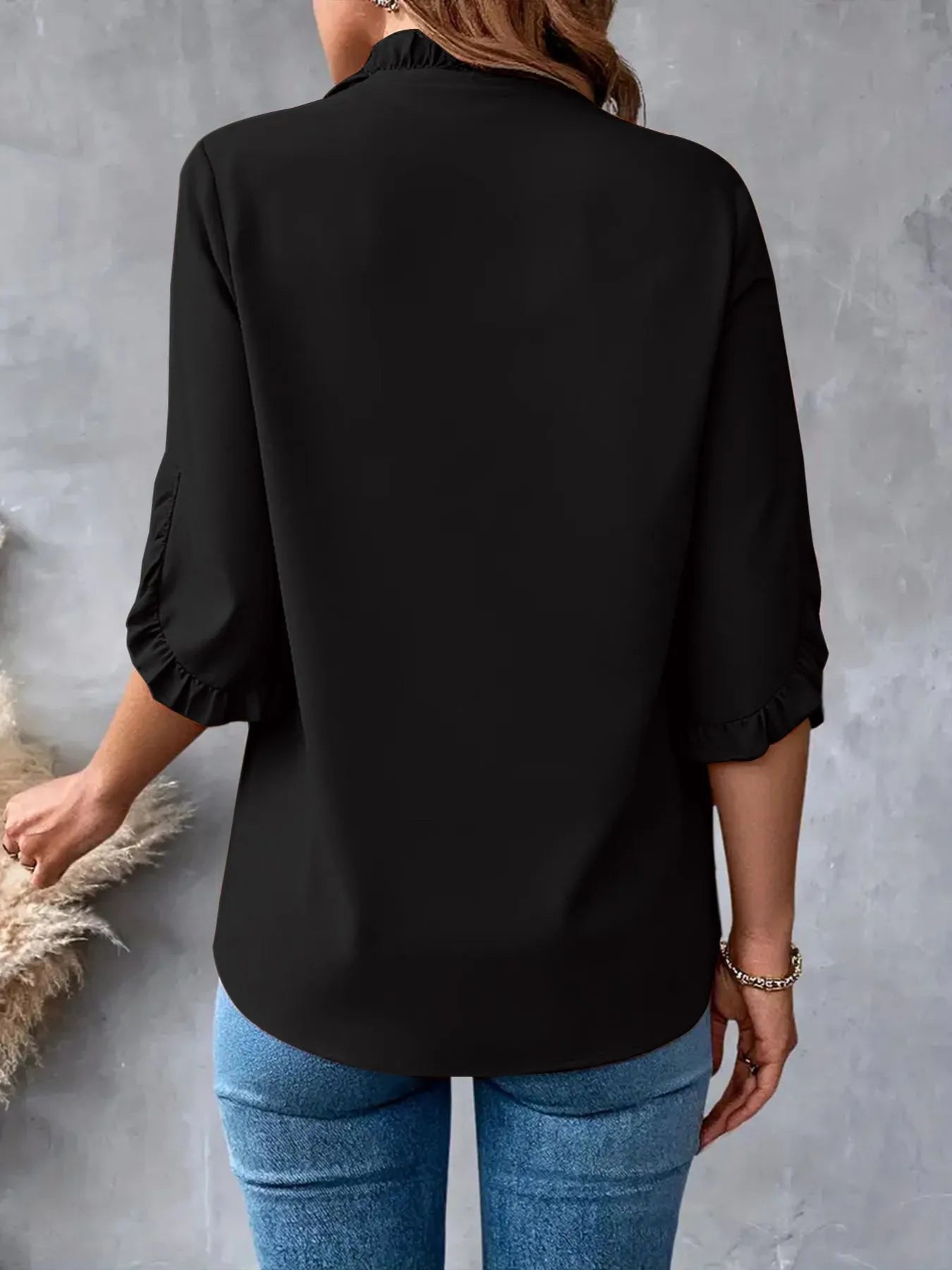 Ruffled V-Neck Short Sleeve Blouse OutfitFlow