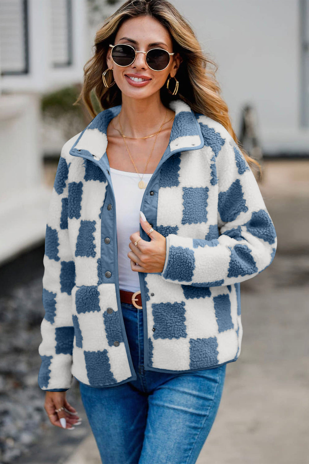 Outfit Flow - Checkered Snap Down Long Sleeve Teddy Jacket