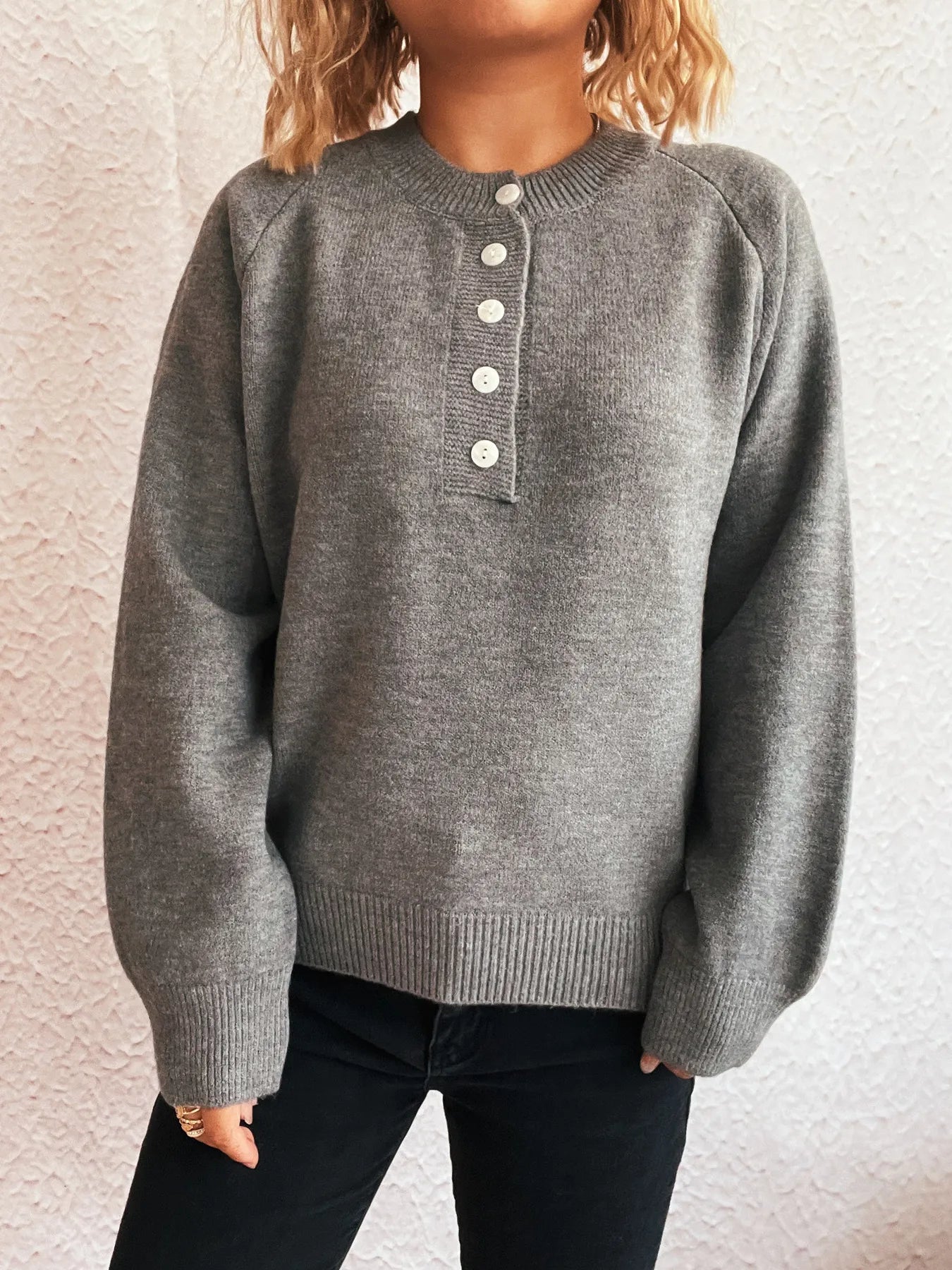 Button-Front Long Sleeve Sweater OutfitFlow