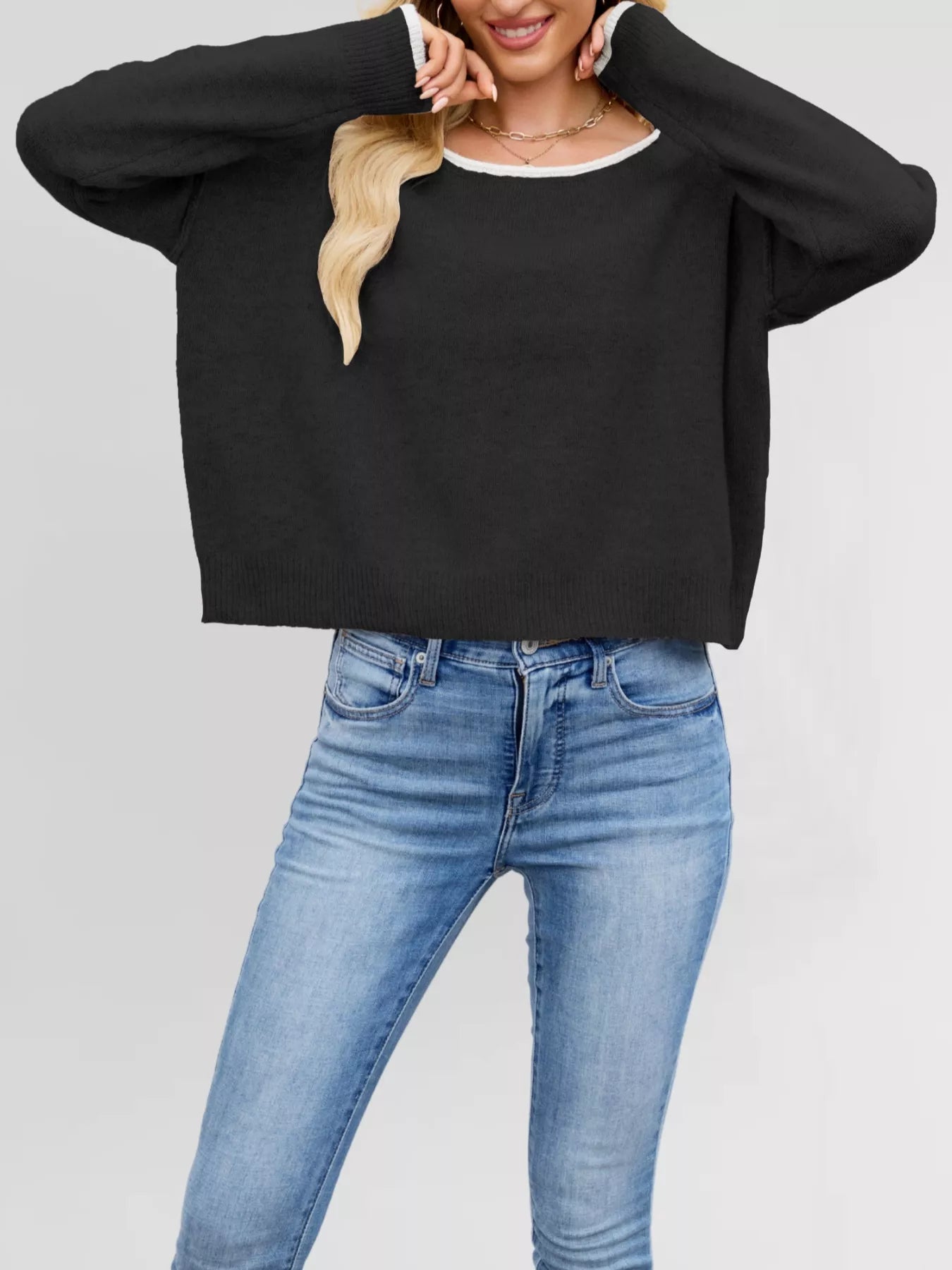 Round Neck Dropped Shoulder Sweater OutfitFlow